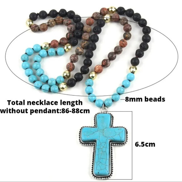 Turquoise Natural Stone Beads Bohemian Western Cross Necklace - Picture 12 of 12